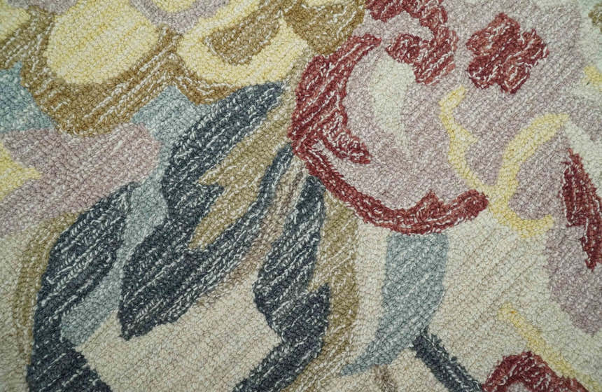 Custom Made Ivory, Charcoal and Olive Floral Design Colorful Hand Tufted wool rug