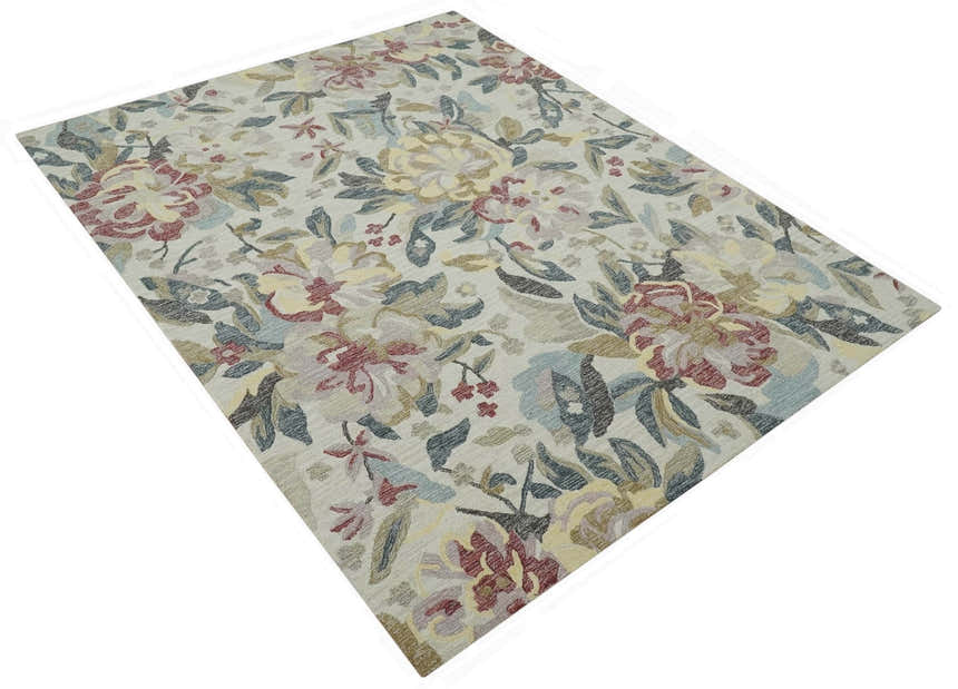 Custom Made Ivory, Charcoal and Olive Floral Design Colorful Hand Tufted wool rug