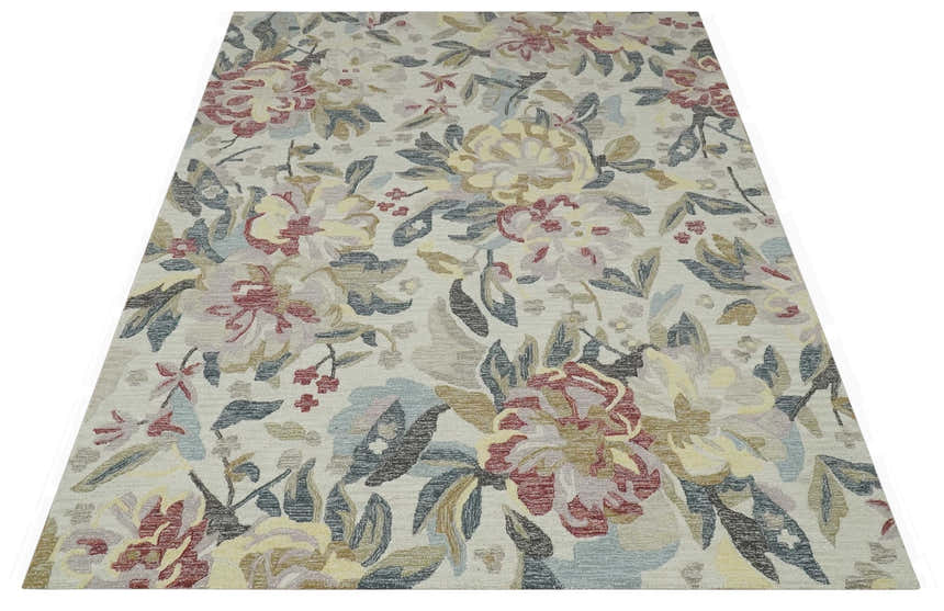 Custom Made Ivory, Charcoal and Olive Floral Design Colorful Hand Tufted wool rug
