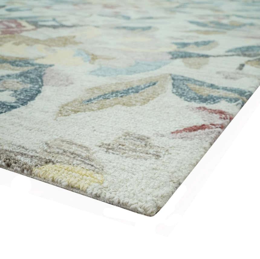 Custom Made Ivory, Charcoal and Olive Floral Design Colorful Hand Tufted wool rug