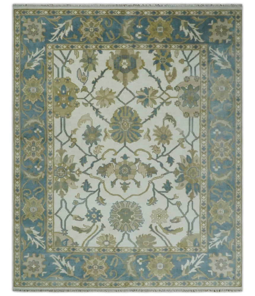 Custom Made Ivory, Gray and Beige Floral Hand Knotted Traditional Oushak Wool Rug