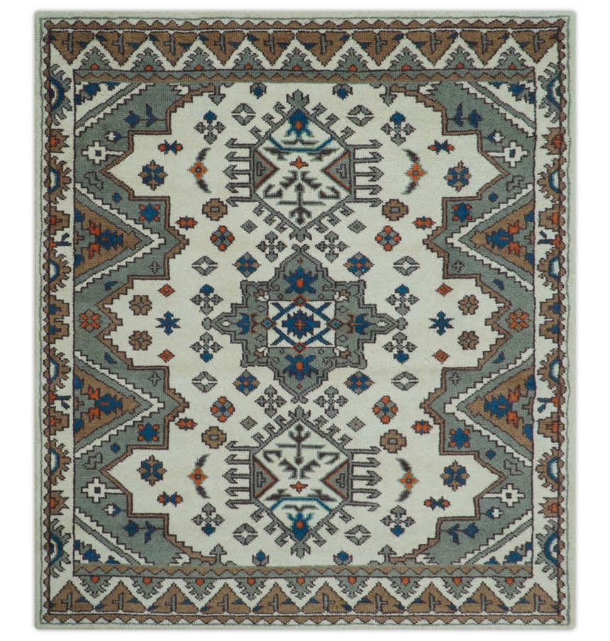 Custom Made Ivory, Gray and Camel Traditional Hand knotted Wool Area Rug