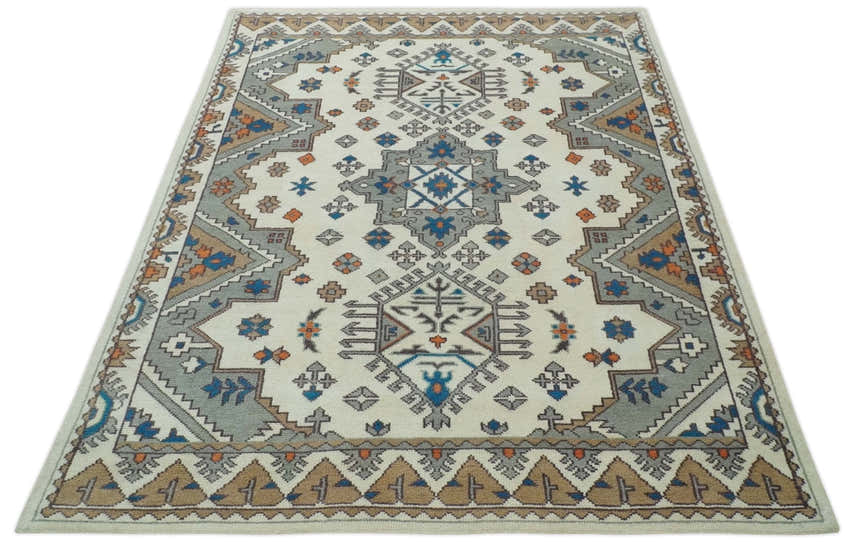 Custom Made Ivory, Gray and Camel Traditional Hand knotted Wool Area Rug