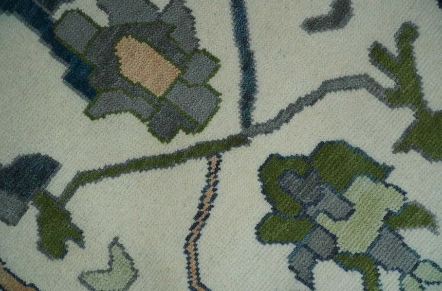 Custom Made Ivory, Gray and Green Hand knotted Traditional Oushak Wool Area Rug