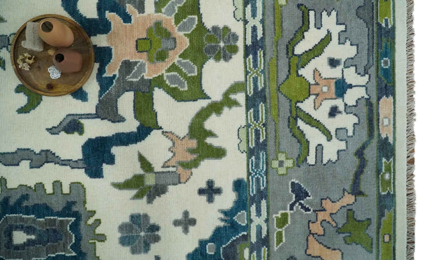 Custom Made Ivory, Gray and Green Hand knotted Traditional Oushak Wool Area Rug