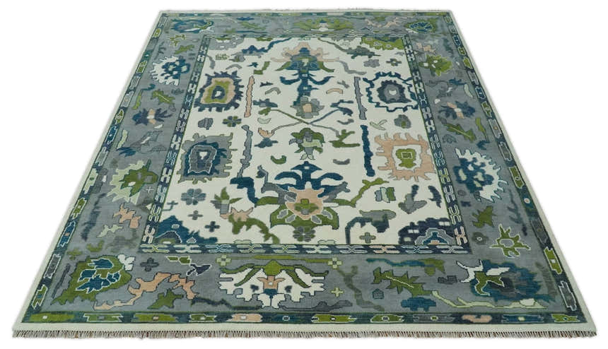 Custom Made Ivory, Gray and Green Hand knotted Traditional Oushak Wool Area Rug