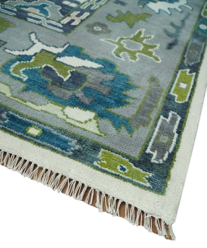 Custom Made Ivory, Gray and Green Hand knotted Traditional Oushak Wool Area Rug