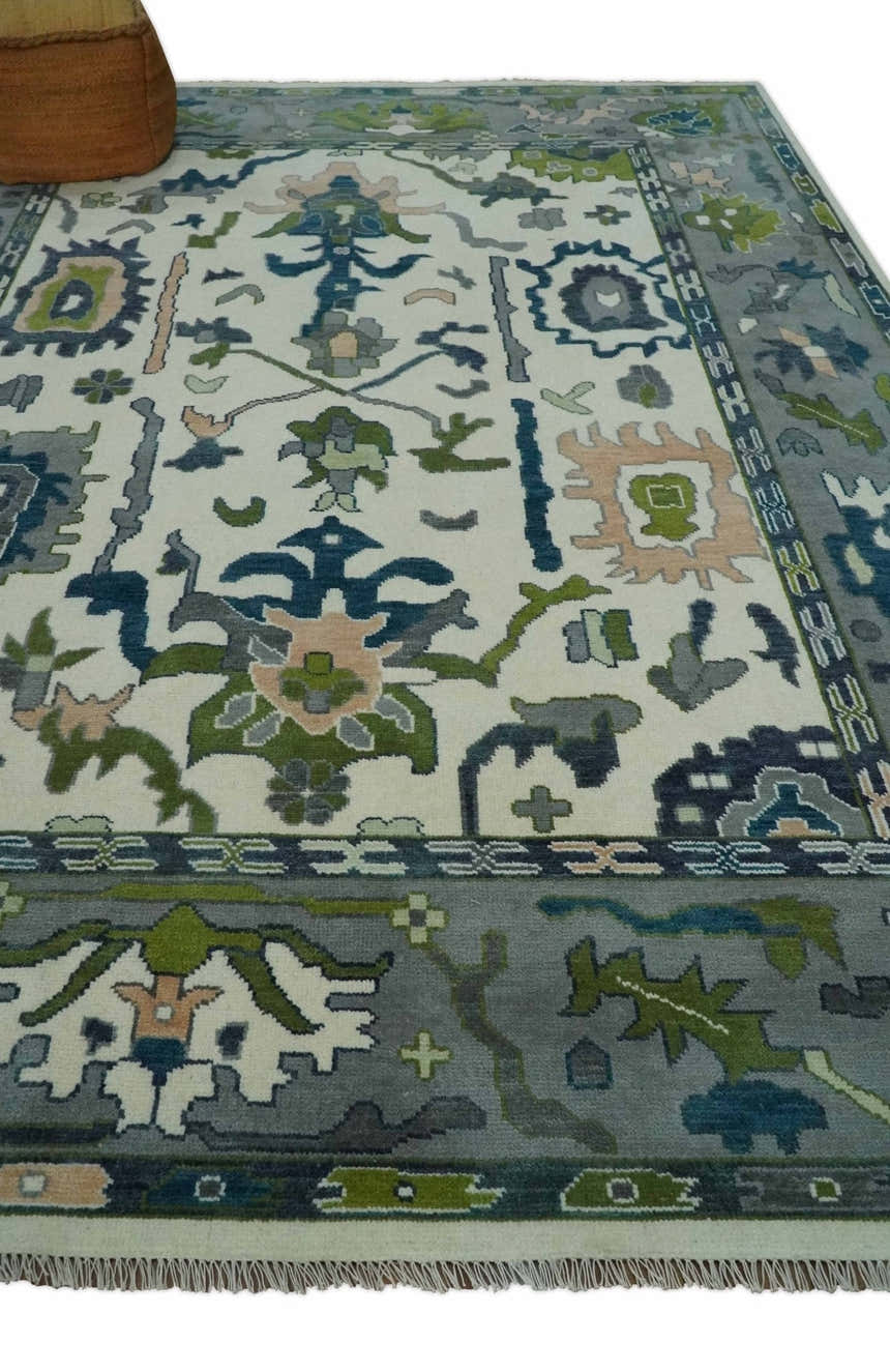Custom Made Ivory, Gray and Green Hand knotted Traditional Oushak Wool Area Rug