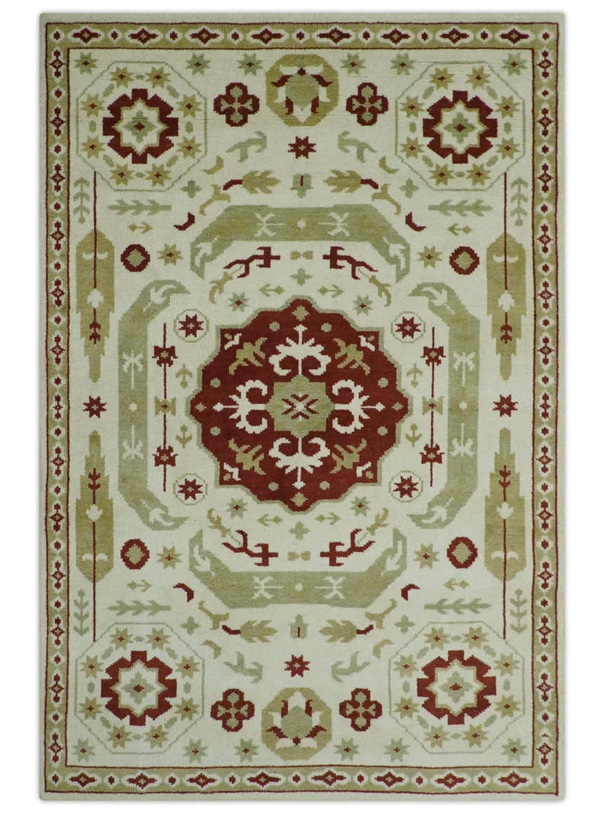 Custom Made Ivory, Olive and Maroon Traditional Medallion Mamluk Design wool Rug