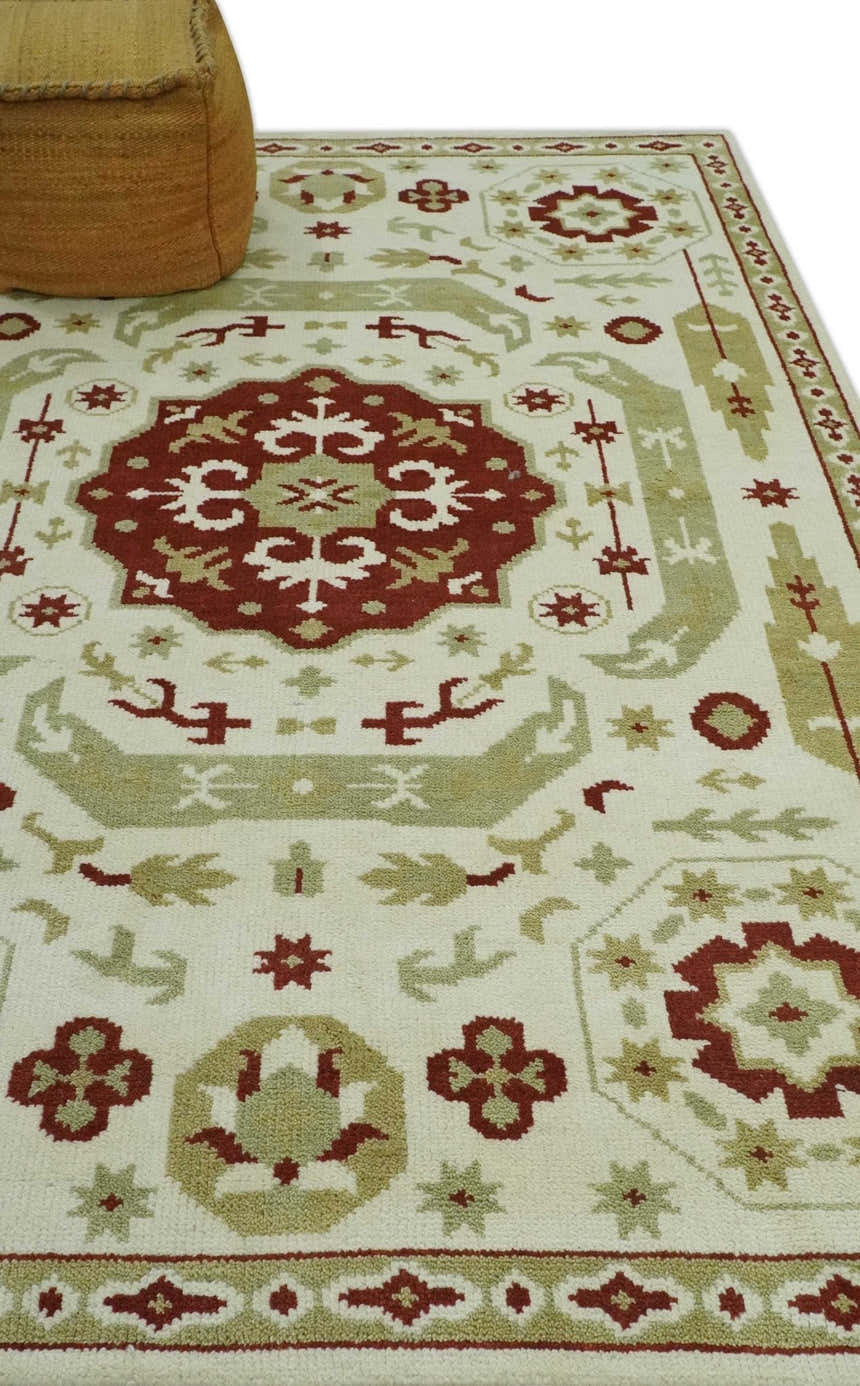 Custom Made Ivory, Olive and Maroon Traditional Medallion Mamluk Design wool Rug