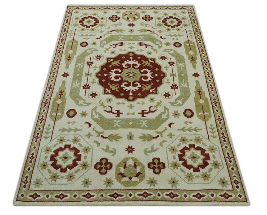 Custom Made Ivory, Olive and Maroon Traditional Medallion Mamluk Design wool Rug
