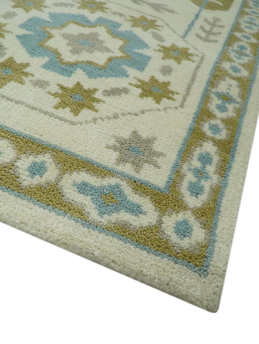 Custom Made Ivory, Olive and Teal Hand Knotted Traditional Medallion Mamluk Design wool Rug