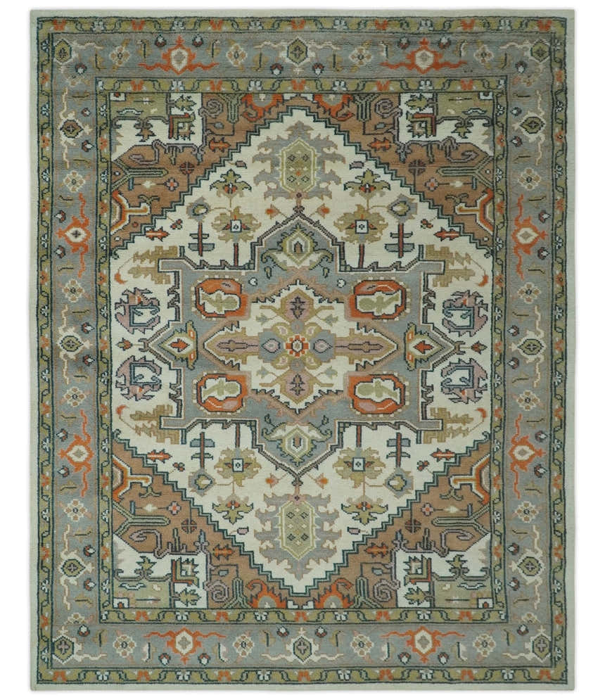 Custom Made Ivory, Silver, Peach and Olive Hand Knotted Traditional Heriz wool Area Rug