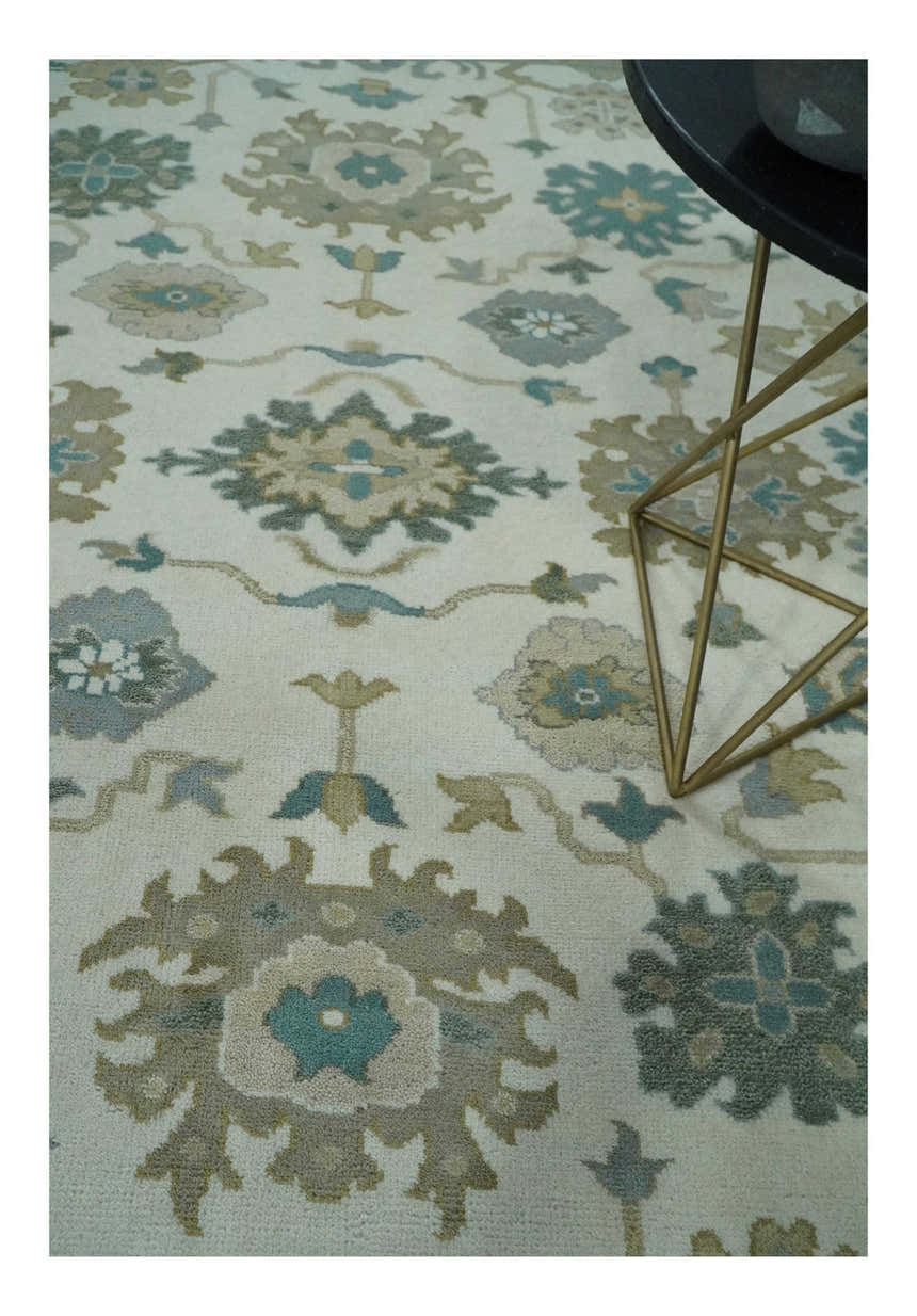 Custom Made Ivory, Teal and Beige Floral Hand Knotted Traditional Oushak Wool Area Rug