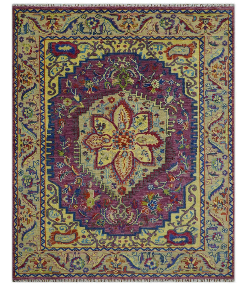 Custom Made Light Green and Purple Medallion Traditional Hand Knotted Wool Area Rug