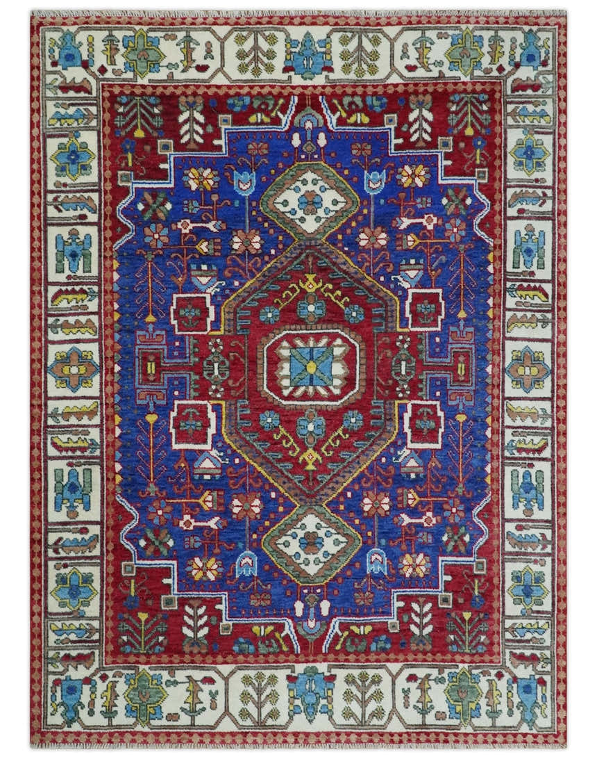 Custom Made Maroon, Blue and ivory Hand Knotted Traditional Wool Rug