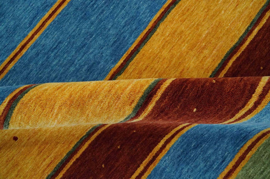 Custom Made Modern Geometrical Blue, Gold, Brown and Green Stripes Design Wool Area Rug