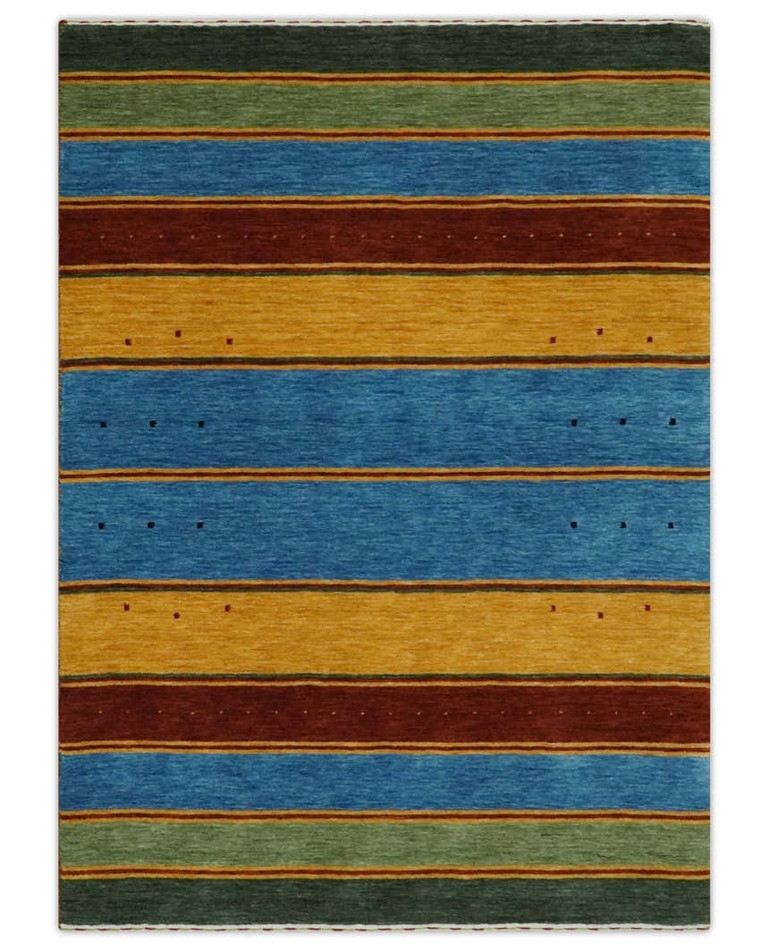 Custom Made Modern Geometrical Blue, Gold, Brown and Green Stripes Design Wool Area Rug