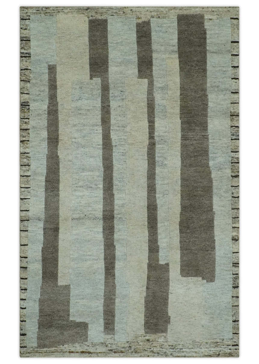 Custom Made Modern Geometrical Silver, Ivory and Charcoal Hand Knotted Wool area Rug