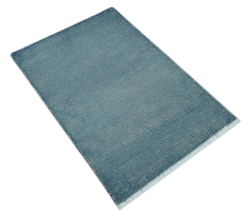 Custom Made Modern Solid Overdyed Light Blue Hand Knotted Wool Area Rug