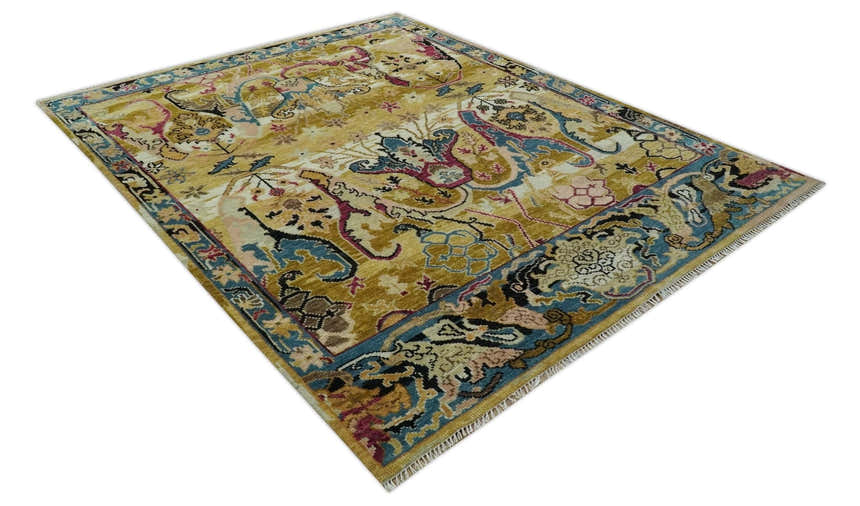 Custom Made Mustard and Teal transitional Dragon Oushak wool area rug