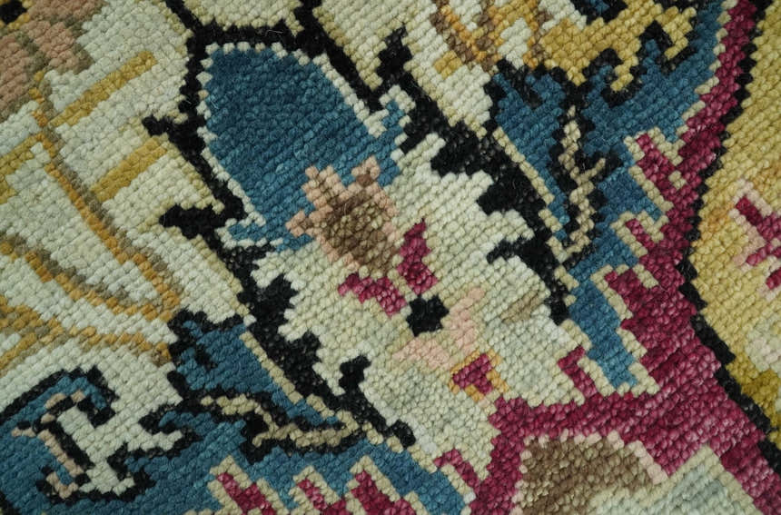Custom Made Mustard and Teal transitional Dragon Oushak wool area rug