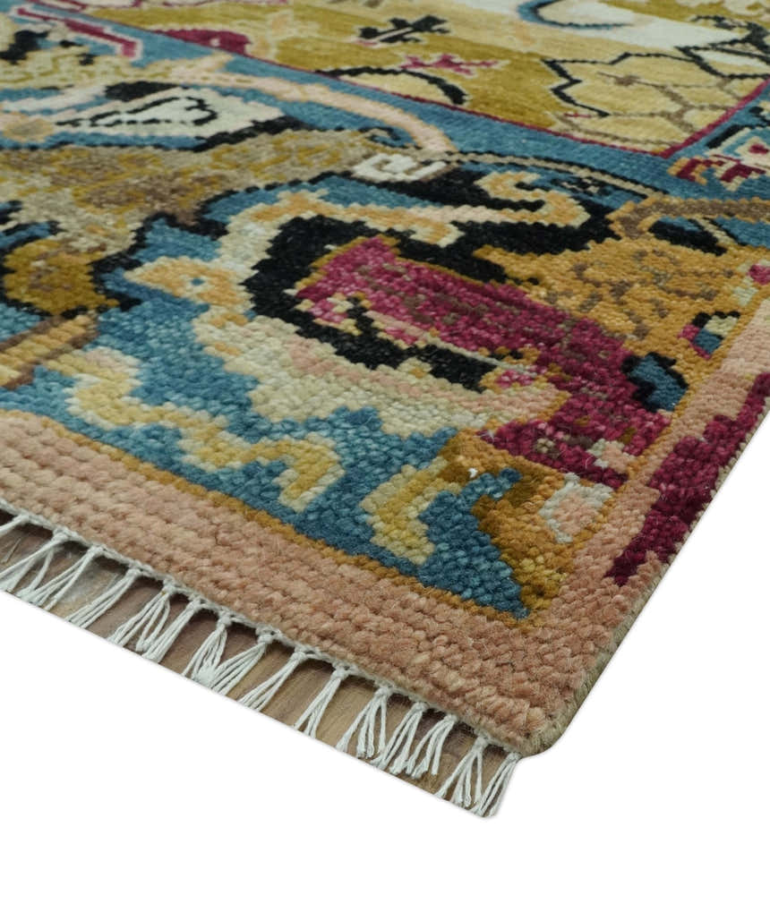 Custom Made Mustard and Teal transitional Dragon Oushak wool area rug