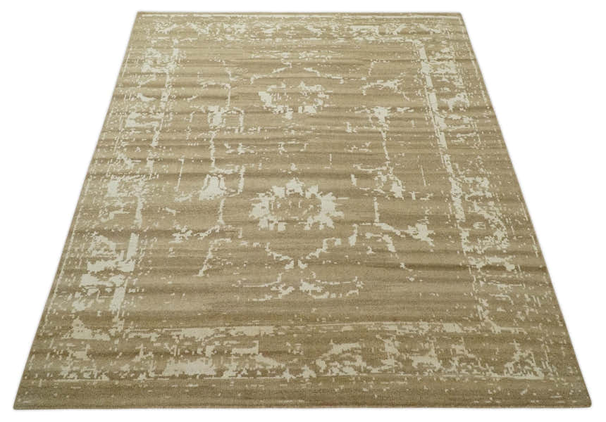 Custom Made Neutral Earthy Brown and Beige Chic Hand Knotted Natural Wool Minimal Area rug