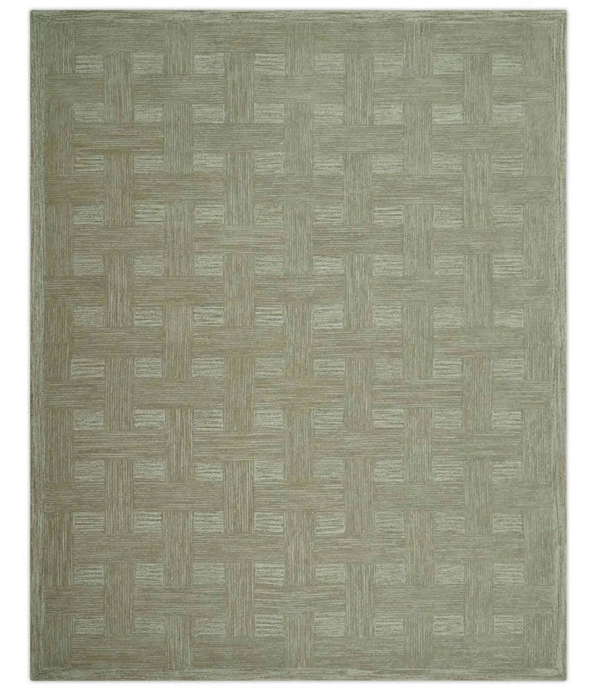Custom Made Olive and Ivory Modern Geometrical Hand Tufted wool rug