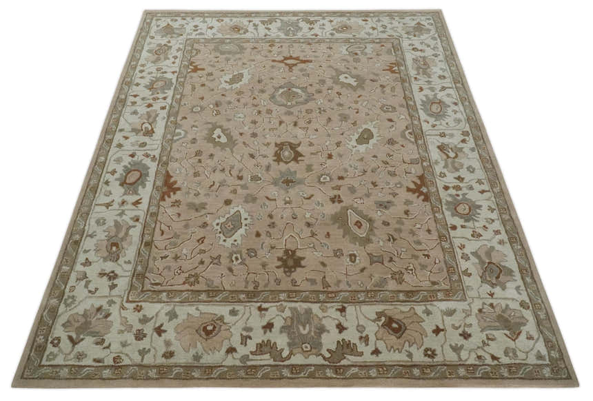 Custom Made Oushak Design Tufted Peach, Ivory and Olive Traditional Rug