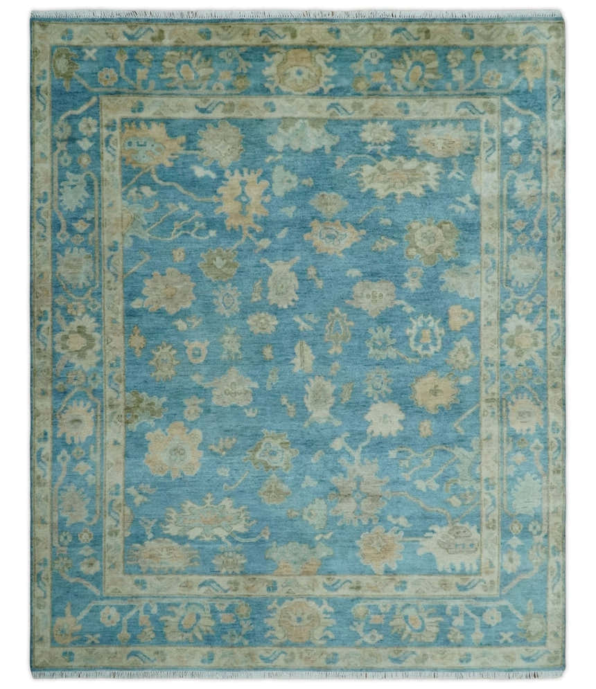 Custom Made Oushak Hand Knotted Blue and Beige Traditional Wool Rug