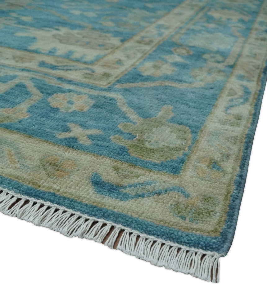 Custom Made Oushak Hand Knotted Blue and Beige Traditional Wool Rug