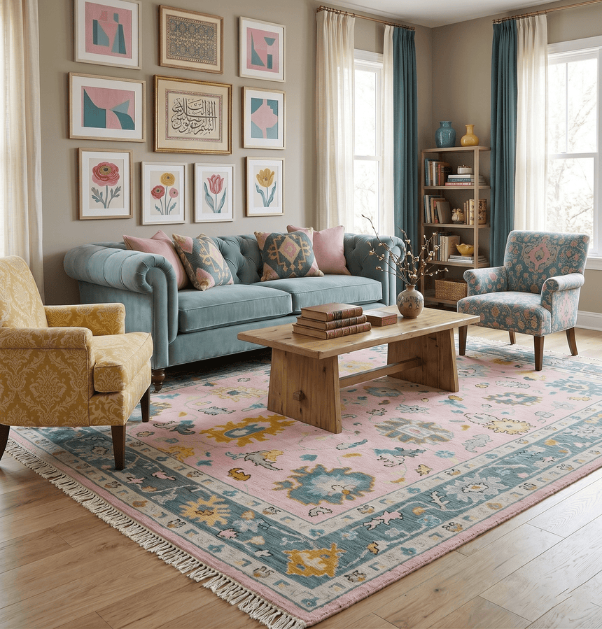 Custom Made Pink and Gray Hand knotted Traditional Oushak wool Area Rug