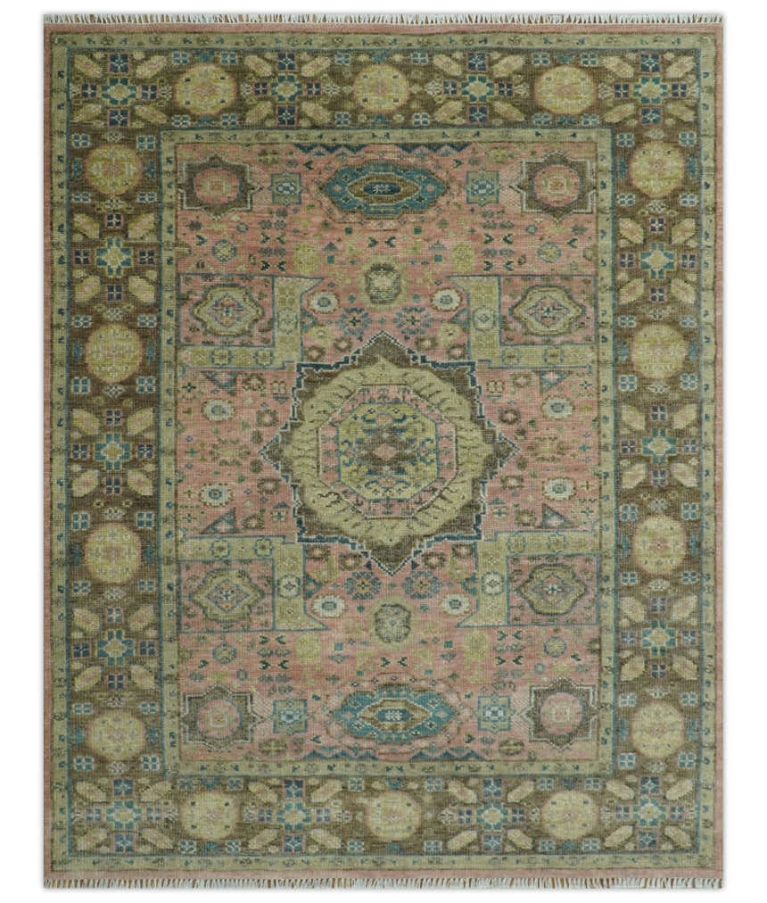 Custom Made Pink, Beige and Olive Hand knotted Medallion Mamluk Multi Size wool Area Rug