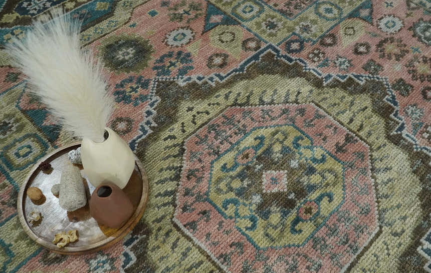 Custom Made Pink, Beige and Olive Hand knotted Medallion Mamluk Multi Size wool Area Rug