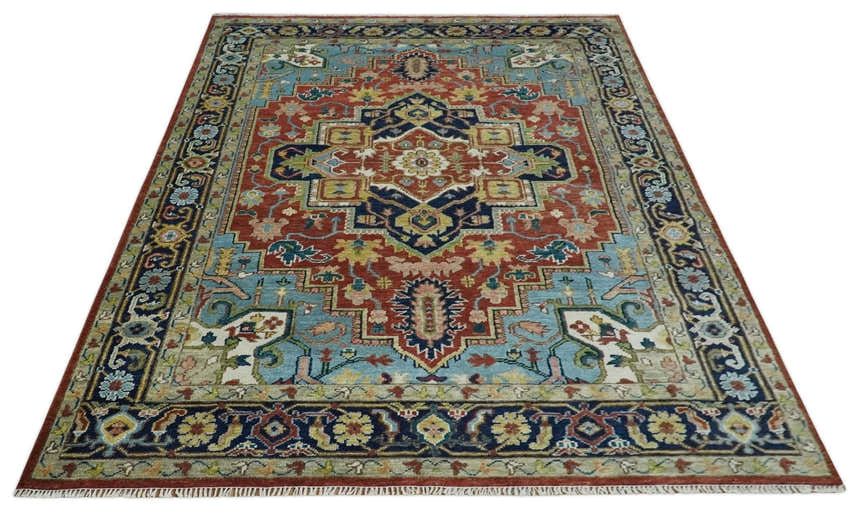 Custom Made Rust and Blue Traditional Medallion Hand Knotted Wool Area Rug