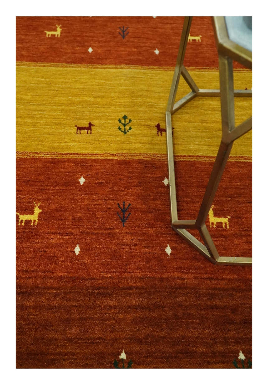 Custom Made Rust, Brown, Gold and Charcoal Geometrical Stripes Design wool area rug