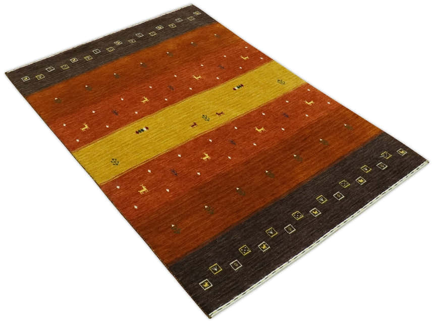 Custom Made Rust, Brown, Gold and Charcoal Geometrical Stripes Design wool area rug