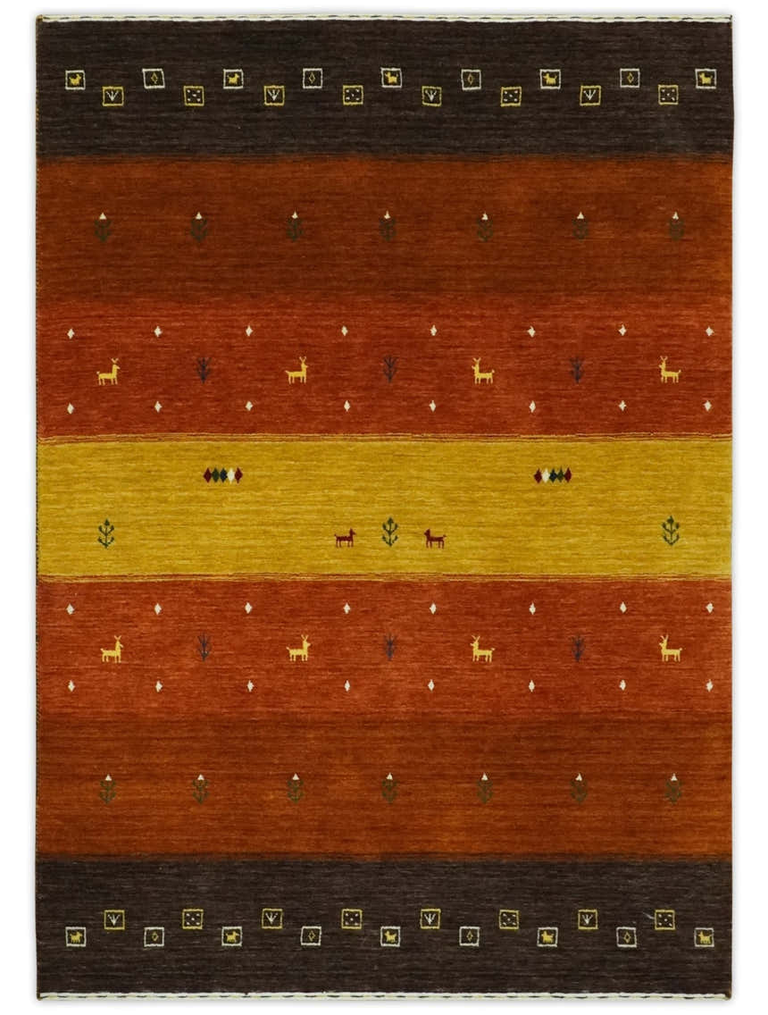 Custom Made Rust, Brown, Gold and Charcoal Geometrical Stripes Design wool area rug