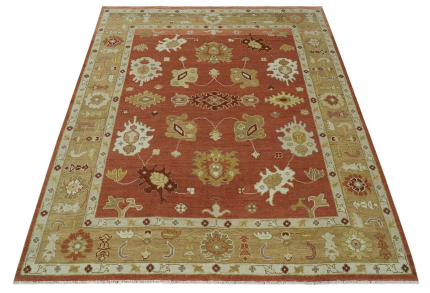 Custom Made Rust, Ivory and Beige Hand Knotted Traditional Oushak Multi Size Wool Area Rug