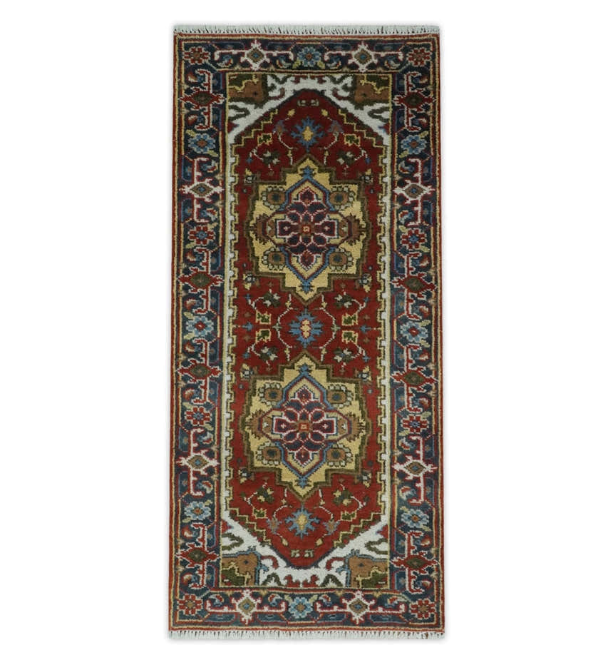 Custom Made Rust, Mustard, Ivory and Blue Hand Knotted Traditional Wool Area Rug
