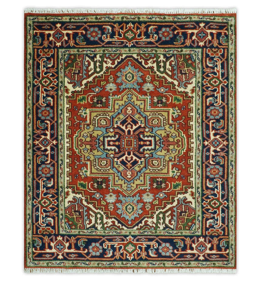 Custom Made Rust, Mustard, Ivory and Blue Hand Knotted Traditional Wool Area Rug