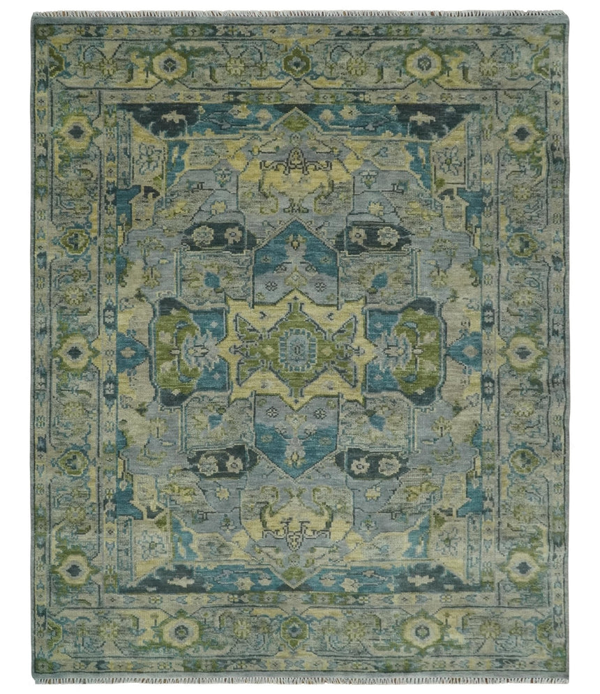 Custom Made Silver, Moss Green and Blue Heriz Traditional Wool Rug