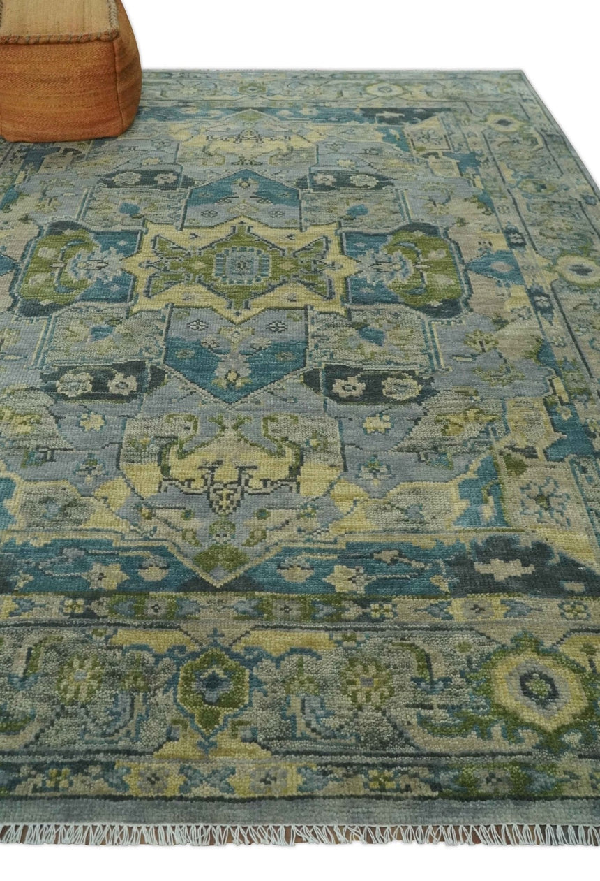 Custom Made Silver, Moss Green and Blue Heriz Traditional Wool Rug