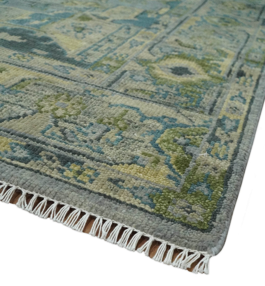 Custom Made Silver, Moss Green and Blue Heriz Traditional Wool Rug