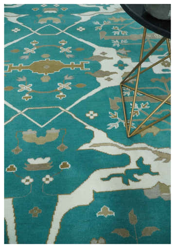 Custom Made Teal and Ivory Hand knotted Oriental Oushak Multi Size wool Area Rug
