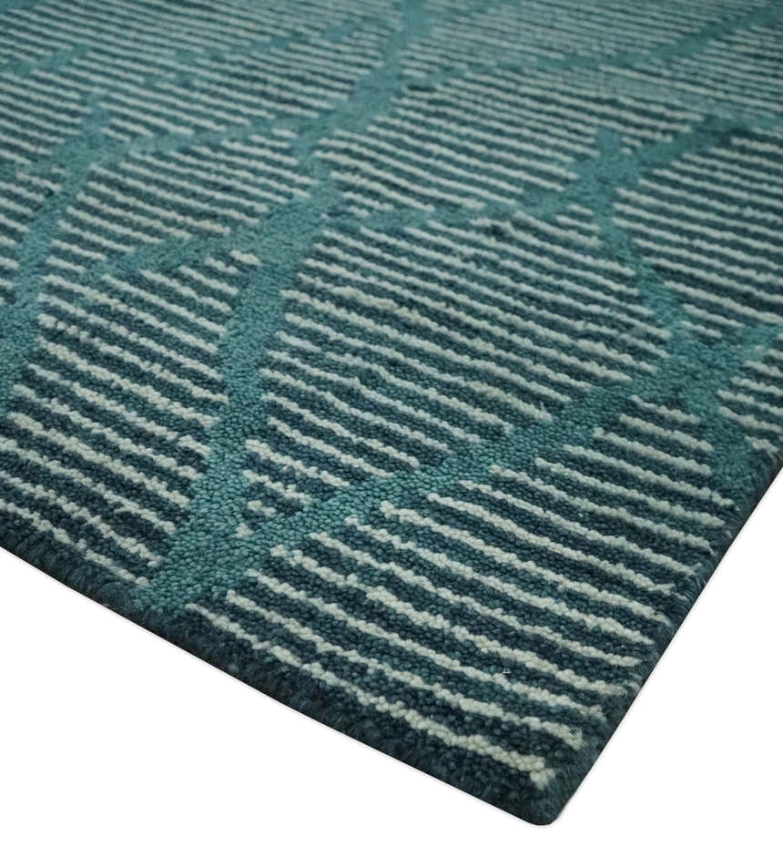 Custom Made Teal and Ivory Modern Stripes Design Hand Knotted wool Area Rug