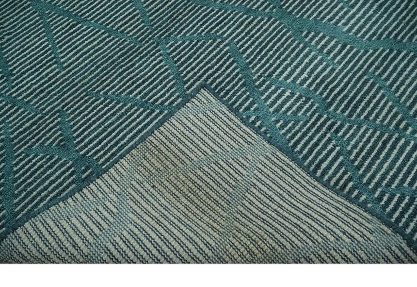 Custom Made Teal and Ivory Modern Stripes Design Hand Knotted wool Area Rug