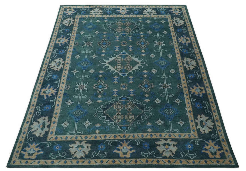 Custom Made Teal, Blue, Peach and Silver Hand Knotted Traditional Heriz wool Area Rug