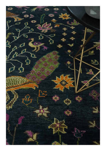 Custom Made The Jungle Life Peacock on tree Rug Hand Knotted Blue and Green Wool Rug